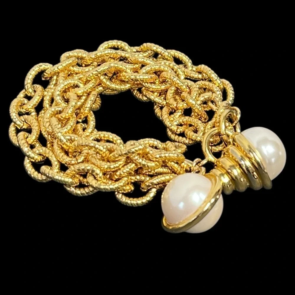 VINTAGE Gold-tone Chunky Chains Faux Pearls Elegant Dangle Bracelet